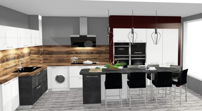 Vue 3D de la cuisine avec des meubles aux bords arrondis et contrastés, un plan de travail central, des plaques de cuisson et four connectés